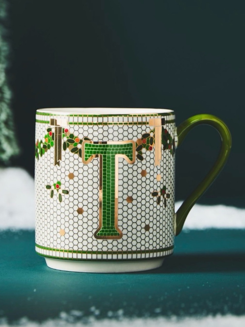 Anthropologie Festive Bistro Tile Green Monogram Initial T Coffee Tea Mug Cup
